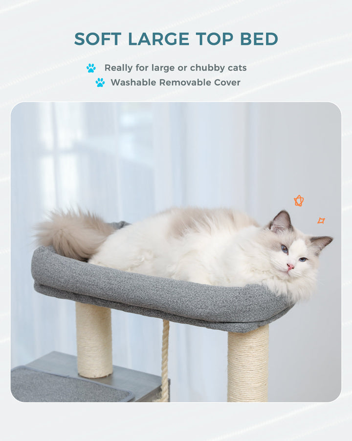 PAWZ Road Modern Cat Tree for Indoor Adult Cats, Wood Cat Tower Sturdy with Hammock for Large Cat, 52" Tall Level Kitty Condo Heavy Duty Carpet Frisco Cute Scratching Tower for Big Cats 20Lbs