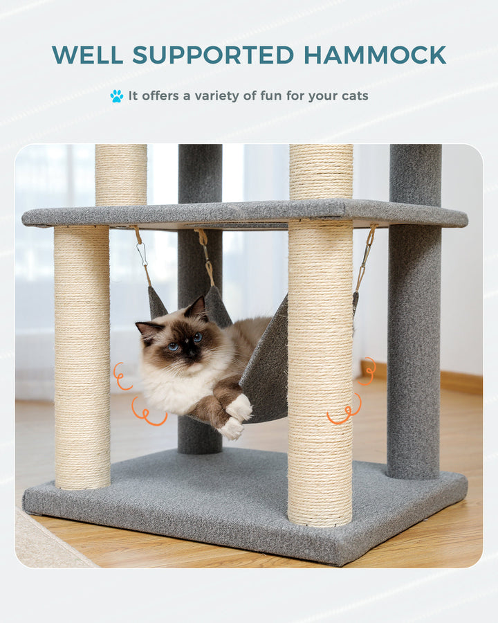 PAWZ Road Modern Cat Tree for Indoor Adult Cats, Wood Cat Tower Sturdy with Hammock for Large Cat, 52" Tall Level Kitty Condo Heavy Duty Carpet Frisco Cute Scratching Tower for Big Cats 20Lbs
