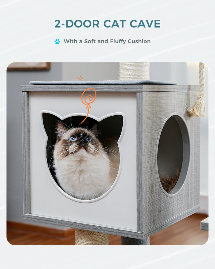 PAWZ Road Modern Cat Tree for Indoor Adult Cats, Wood Cat Tower Sturdy with Hammock for Large Cat, 52" Tall Level Kitty Condo Heavy Duty Carpet Frisco Cute Scratching Tower for Big Cats 20Lbs