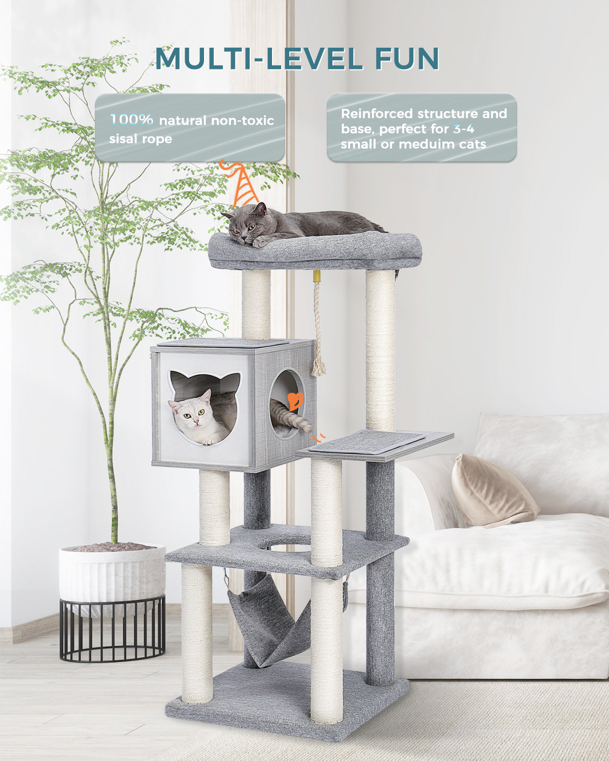 PAWZ Road Modern Cat Tree for Indoor Adult Cats, Wood Cat Tower Sturdy with Hammock for Large Cat, 52" Tall Level Kitty Condo Heavy Duty Carpet Frisco Cute Scratching Tower for Big Cats 20Lbs