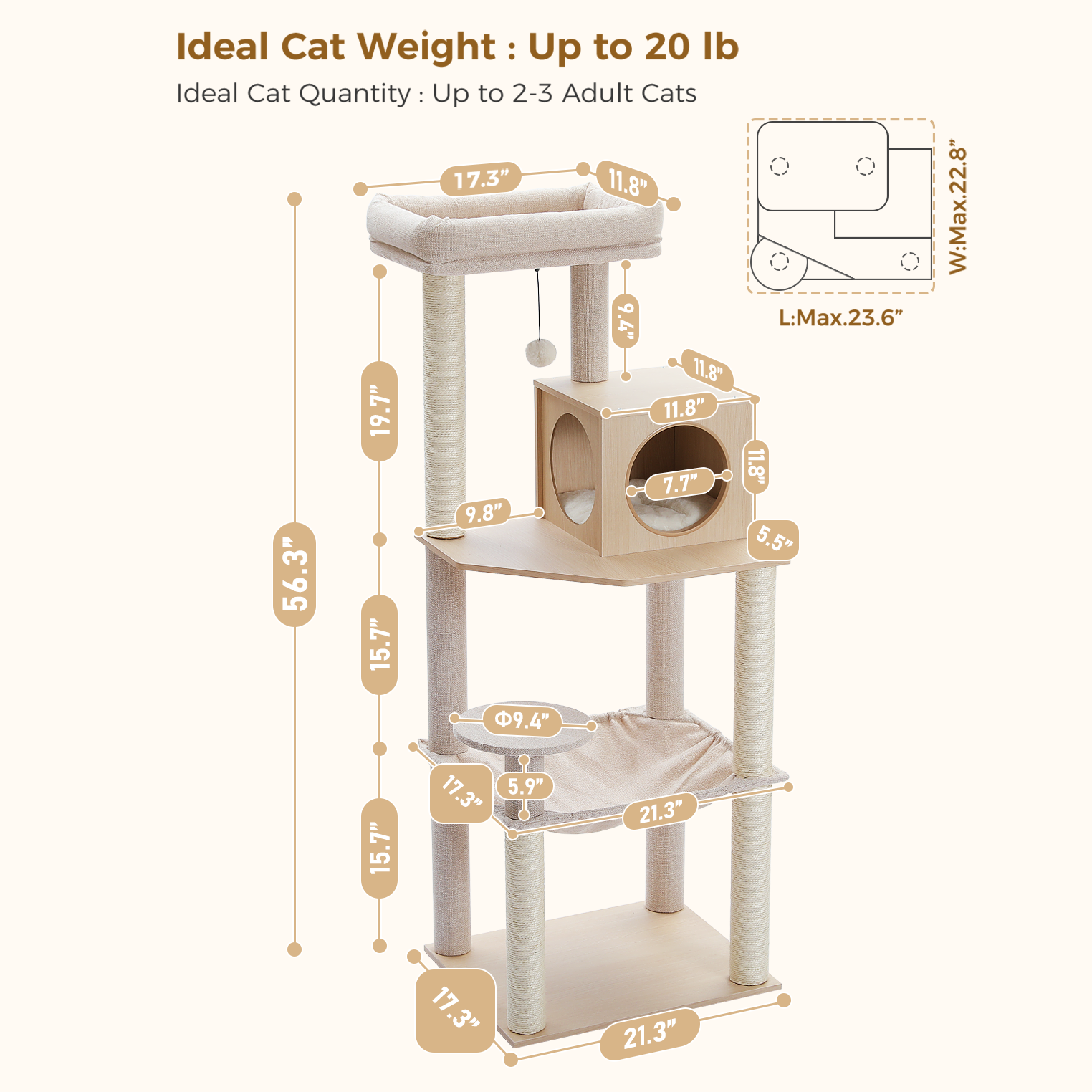 Pawzzoo 56.3-Inch Wooden Multi-Level Sisal Covered Large Cat Tree