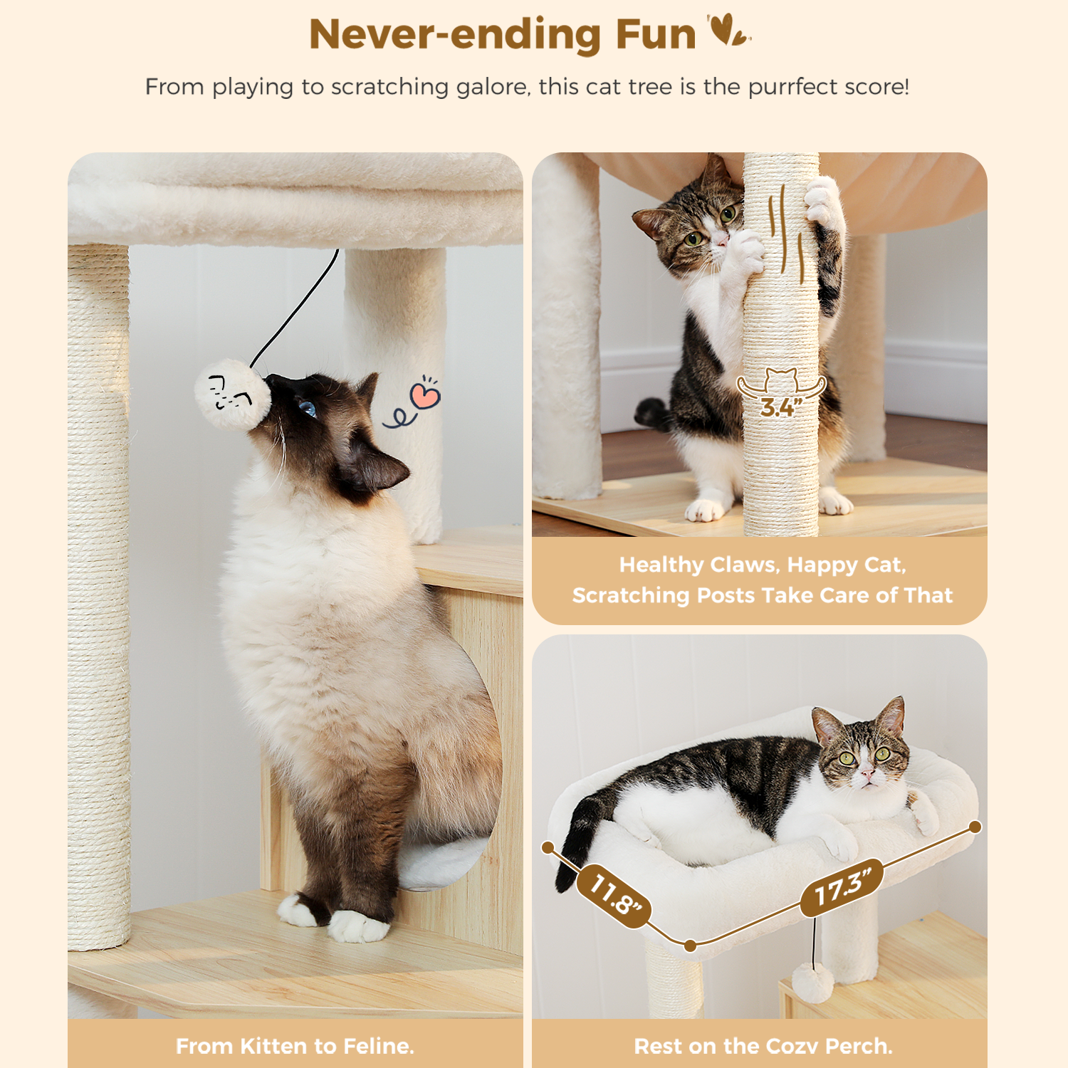 Pawzzoo 56.3-Inch Wooden Multi-Level Sisal Covered Large Cat Tree