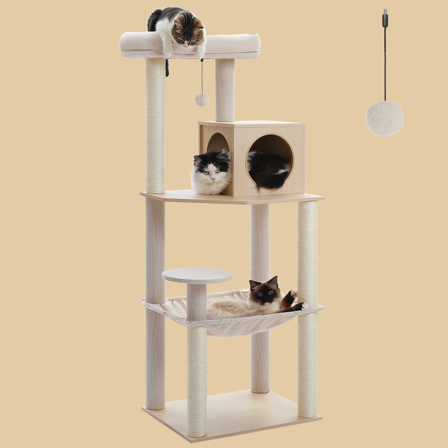 Pawzzoo 56.3-Inch Wooden Multi-Level Sisal Covered Large Cat Tree