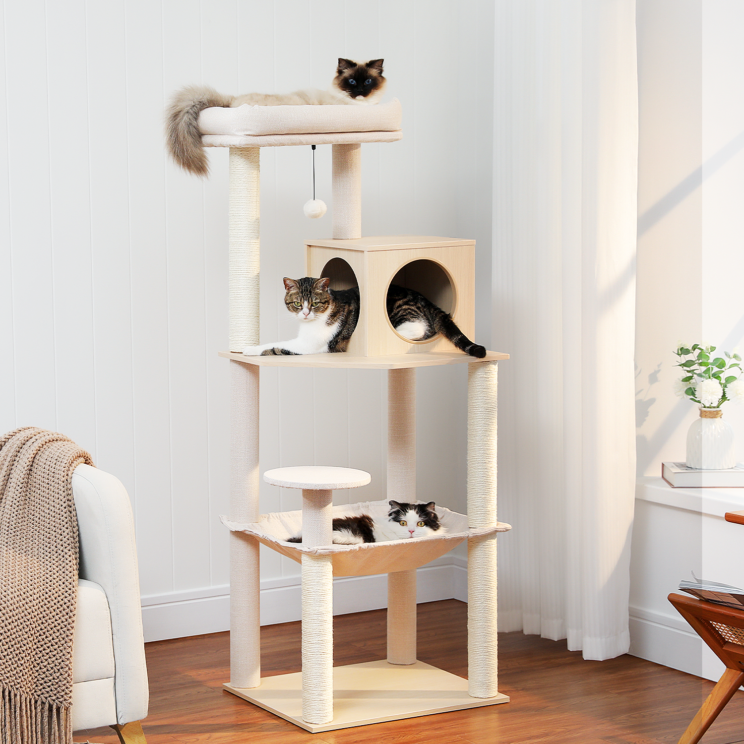 Pawzzoo 56.3-Inch Wooden Multi-Level Sisal Covered Large Cat Tree