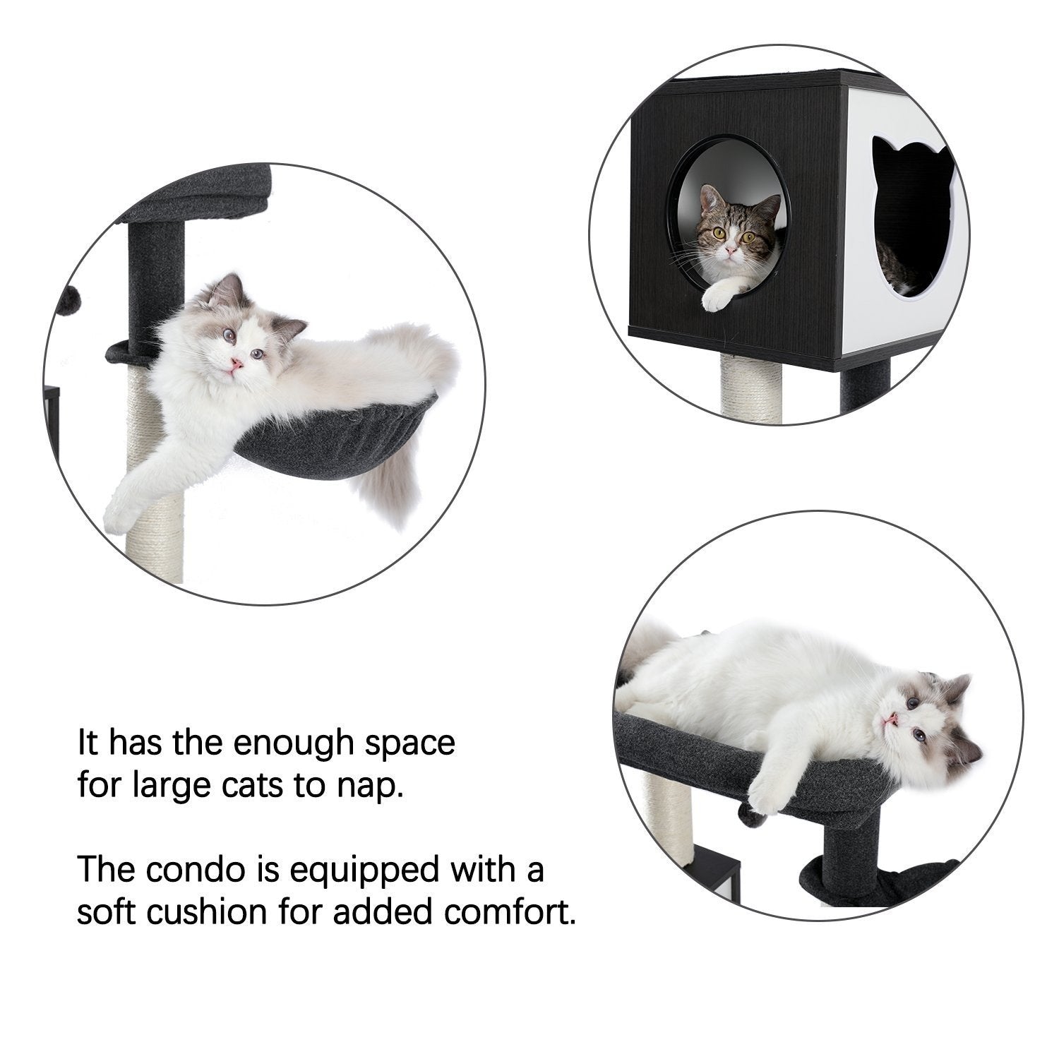 PAWZ Road 59’’ All-in-One Cat Tree Multifunctional Modern Cat Tower High-Grade Wood Furniture with Cat Washroom Litter Box House, Cat Condo, Top Perch, Large Hammock and Sisal Scratching Post