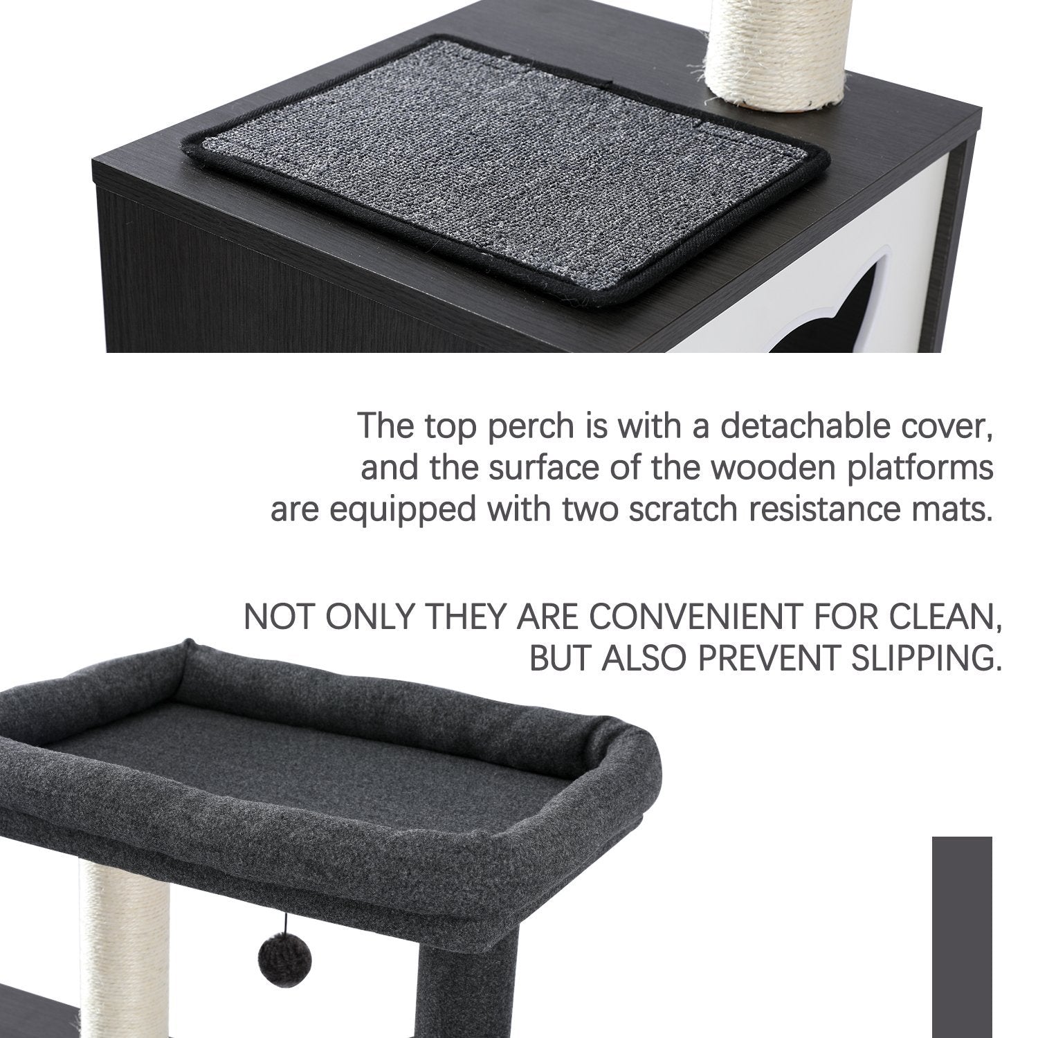 PAWZ Road 59’’ All-in-One Cat Tree Multifunctional Modern Cat Tower High-Grade Wood Furniture with Cat Washroom Litter Box House, Cat Condo, Top Perch, Large Hammock and Sisal Scratching Post