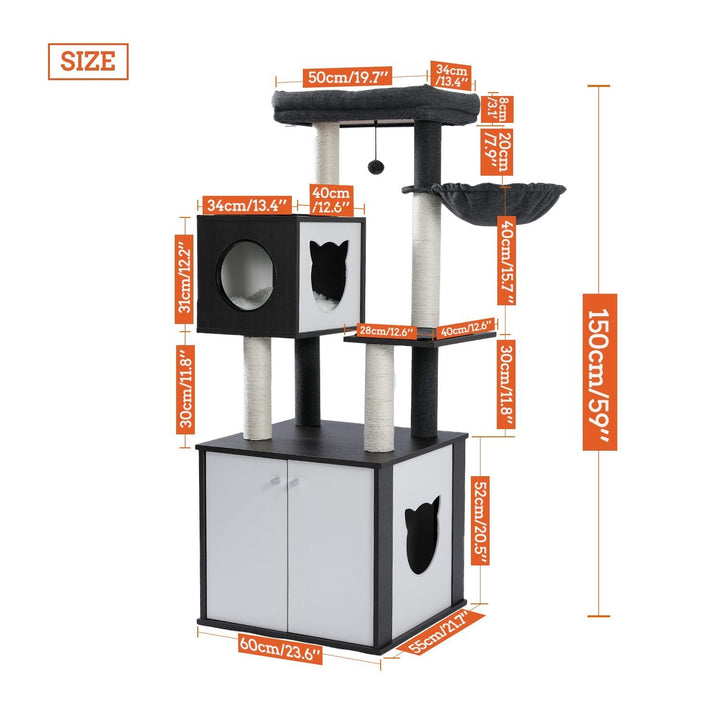 PAWZ Road 59’’ All-in-One Cat Tree Multifunctional Modern Cat Tower High-Grade Wood Furniture with Cat Washroom Litter Box House, Cat Condo, Top Perch, Large Hammock and Sisal Scratching Post